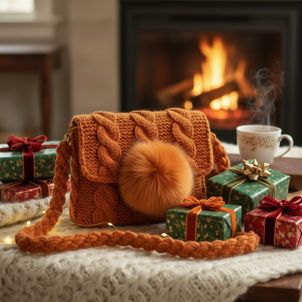 Cozy Fireplace Orange Pom Pom Bag